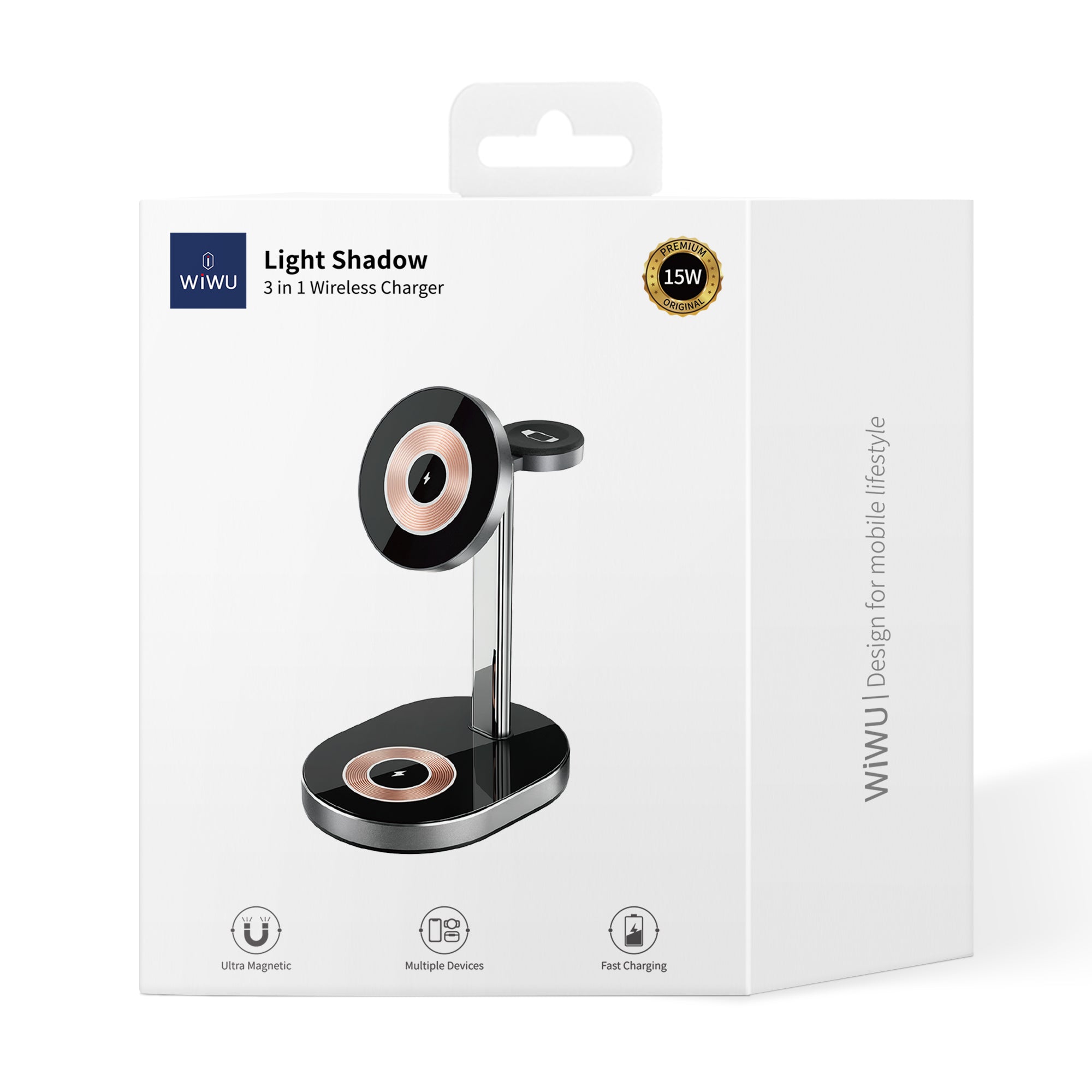 WIWU Wi-W003 Light Shadow Magnetic Wireless Charger for iPhone 12-15 Series / iWatch / AirPods Charging Stand WIWU Wi-W003 Light Shadow Magnetic Wireless Charger for iPhone 12-15 Series / iWatch / AirPods Charging Stand